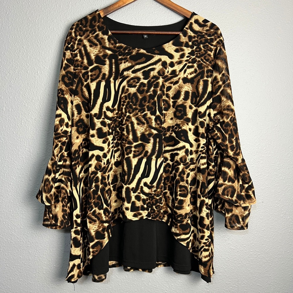 Calesaa Animal Print Tunic Top Ruffle Bell Sleeve High Low Hem Plus Size 3X‎
